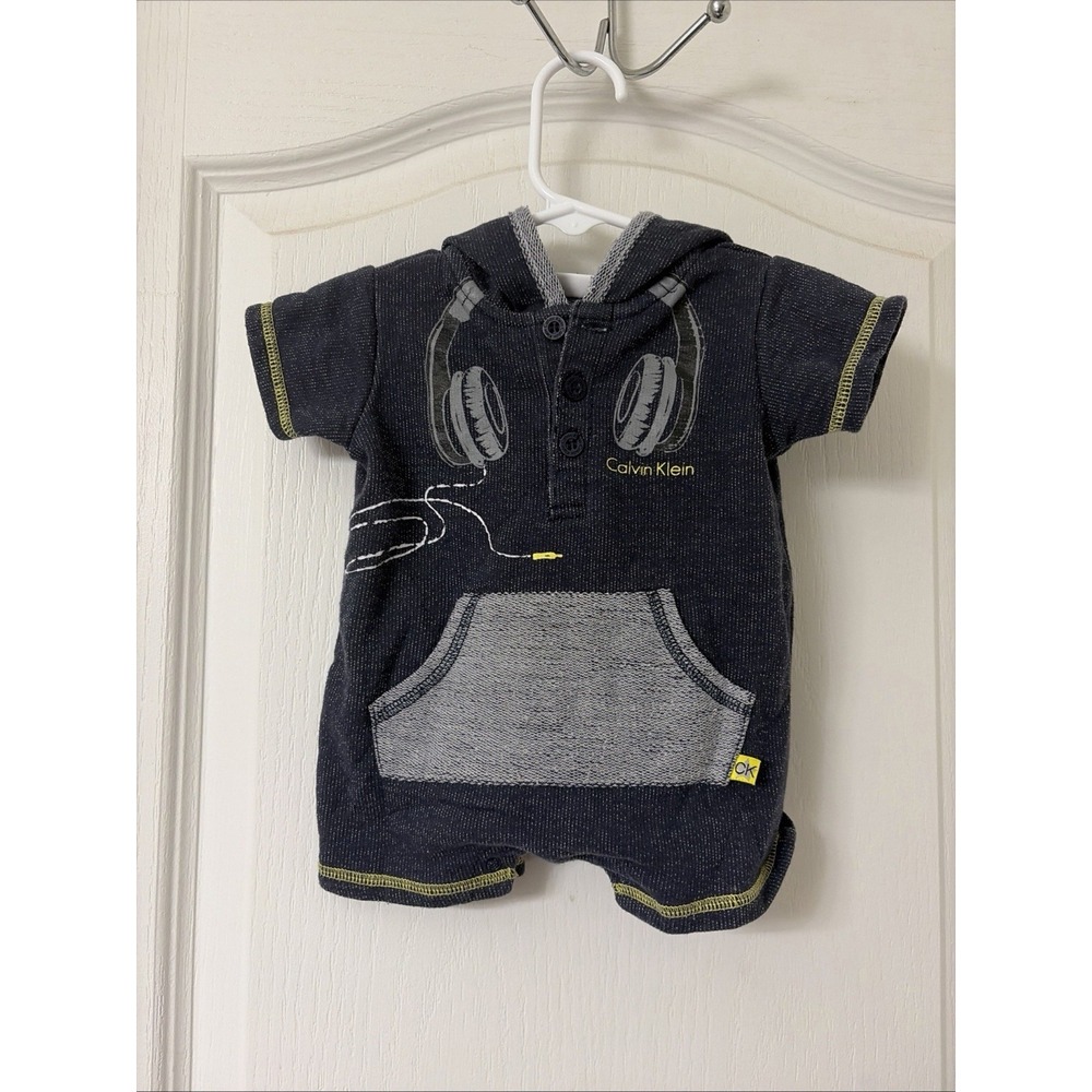 Calvin Klein Baby Boys One Piece Headphones Hooded Shorts Romper - 0-3 Months